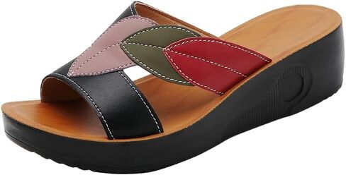 Womens Wedge Sandal - لون كتلة ورقة نمط مفتوح إصبع القدم مريح فو فو الصيف النعال غير الرسمي in Kuwait