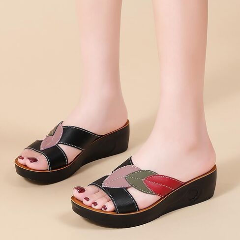 Womens Wedge Sandal - لون كتلة ورقة نمط مفتوح إصبع القدم مريح فو فو الصيف النعال غير الرسمي in Kuwait