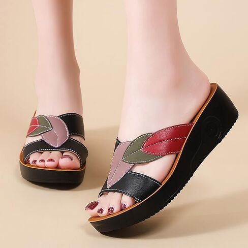 Womens Wedge Sandal - لون كتلة ورقة نمط مفتوح إصبع القدم مريح فو فو الصيف النعال غير الرسمي in Kuwait