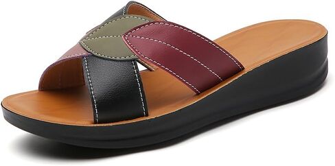 Womens Wedge Sandal - Color Block Leaf Pattern Open Toe Comfortable Faux Leather Summer Casual Slipper in Saudi Arabia