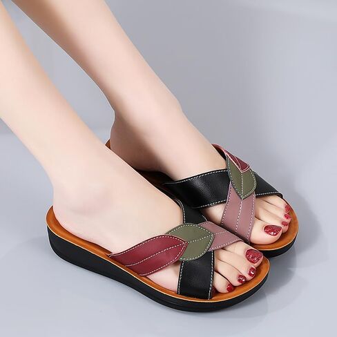 Womens Wedge Sandal - Color Block Leaf Pattern Open Toe Comfortable Faux Leather Summer Casual Slipper in Saudi Arabia