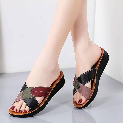 Womens Wedge Sandal - Color Block Leaf Pattern Open Toe Comfortable Faux Leather Summer Casual Slipper in Saudi Arabia