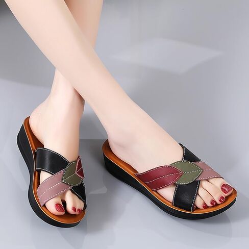 Womens Wedge Sandal - Color Block Leaf Pattern Open Toe Comfortable Faux Leather Summer Casual Slipper in Saudi Arabia