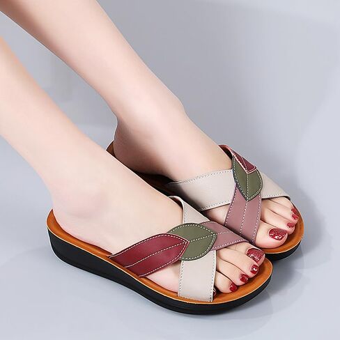 Womens Wedge Sandal - لون كتلة ورقة نمط مفتوح إصبع القدم مريح فو فو الصيف النعال غير الرسمي in Kuwait
