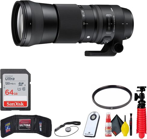 Sigma 150-600mm f/5-6.3 DG OS HSM Contemporary Lens for Nikon F + 64GB Sandisk Ultra SD Card (Deluxe Bundle) with Accessories in Saudi Arabia