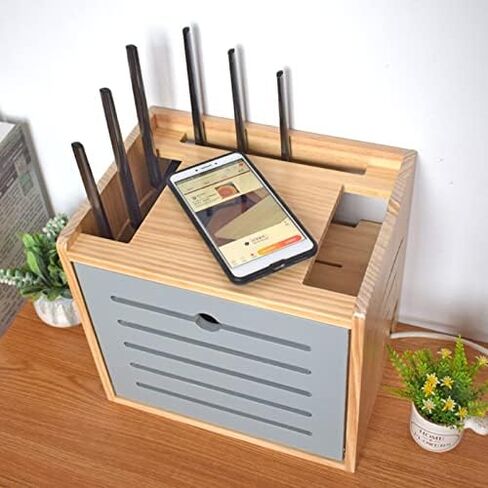 Wooden Router Storage Box Desktop Hider Rack WiFi Router Fenches Router Organizer Power Strip and Cable Management Storage Box in Saudi Arabia