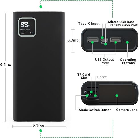 PowerBank مع كاميرا 2K وكاميرا 2 في 1 والشاحن ، Vision HD Light Vision ، كاميرا أمان مع الكشف عن الحركة 64 جيجابايت SD in Kuwait