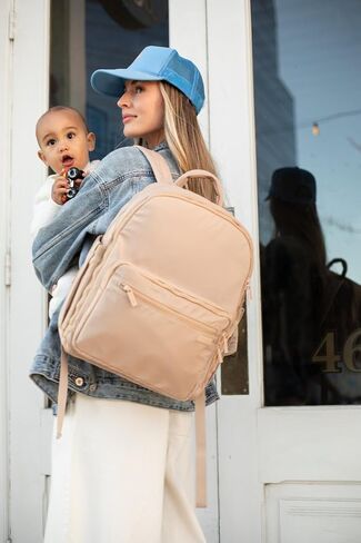 FAWN DESIGN Nylon Diaper Bag Backpack with Changing Pad, Beige Backpack Diaper Bag with 11 Interior and 5 Exterior Pockets, Padded and Adjustable Straps for All Day Comfort, 16x13x7 inches in Saudi Arabia