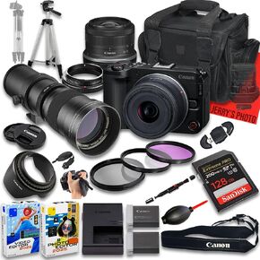 Canon EOS R50 V Mirrorless Camera with RF-S 18-45mm f/4.5-6.3 is STM and 420-800mm f/8 Manual Super HD Telephoto Lens + 128 GB Memory + Extra Battery + Camera Case + More (21pc Bundle) (Renewed) in Kuwait