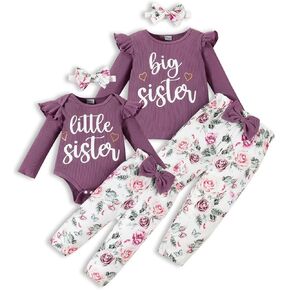 Big Sister Little Sister Matching Outfits Rib Knit Romper/Shirt Floral Pants Toddler Baby Girl Clothes in Kuwait