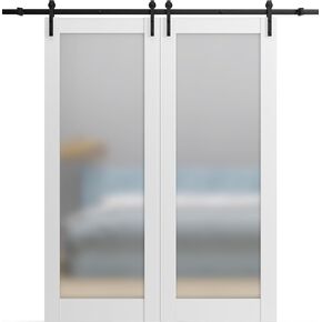 باب حظيرة قوي مع الزجاج الصقيع | Planum 2102 White Silk | شماعات السكك الحديدية السوداء 13 قدم | الأبواب الداخلية للوحة الصلبة-64 "× 96" (2 * 32x96)-الزجاج المتجول للسكك الحديدية in Kuwait