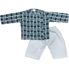 The Root & Craft Baby 2-Piece Outfit Set, Floral Printed Long Sleeve Shirt Kurta with White Pants, Blue and White (0-3 Month Newborn Baby) in Kuwait