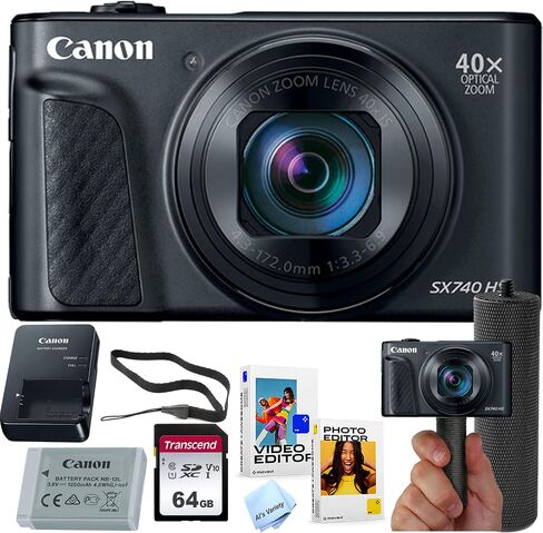 Canon Powershot SX740 HS Digital Camera (Black) + 64GB Memory + Stabilizing Grip + Software Pack +More (Value Bundle) (Renewed) in Saudi Arabia