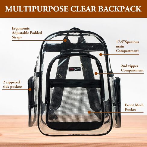 17 Inch Clear PVC Backpack with Black Trim and 5 Zipper Compartments, Transparent School Bookbag for Boys Girls, Travel or Work Bag for Men Women in Kuwait