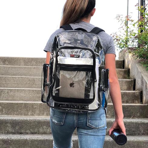 17 Inch Clear PVC Backpack with Black Trim and 5 Zipper Compartments, Transparent School Bookbag for Boys Girls, Travel or Work Bag for Men Women in Kuwait