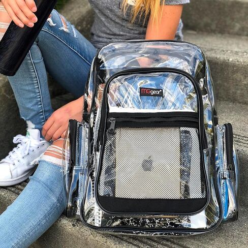 17 Inch Clear PVC Backpack with Black Trim and 5 Zipper Compartments, Transparent School Bookbag for Boys Girls, Travel or Work Bag for Men Women in Kuwait