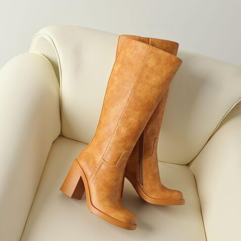 Uacllcau Knee High Boots Women Wide Calf Platform Boots for Women Square Toe Chunky Block Heeled Riding Tall Long Boot Comfortable Trendy in Saudi Arabia