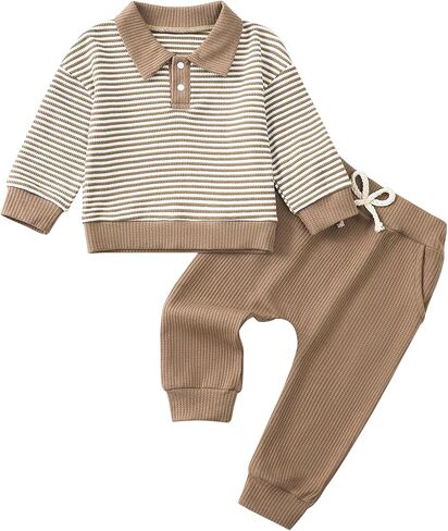Rosibel Toddler Baby Boy Clothes Outfits Long Sleeve Stripes Sweatshirt and Pants Infant Fall Winter Sweatsuit Set in Kuwait