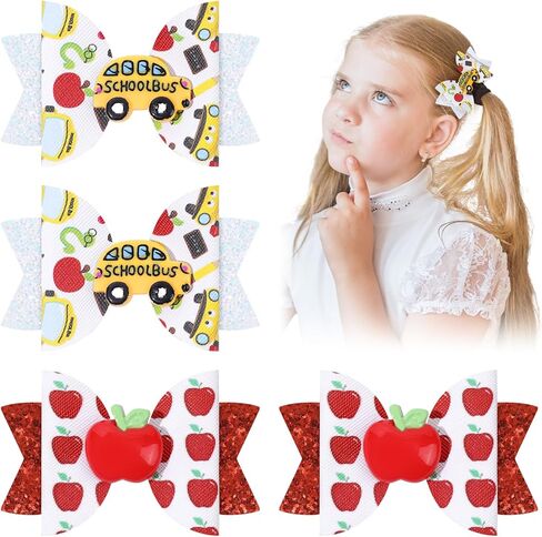 4pcs العودة إلى أقواس شعر المدرسة للفتيات ، Glitter Flash Pencil Schoolgirl Dowly Bows for Toddler Girls في الصفوف 1-5-غير قابلة للانزلاق ومستقرة وممتازة in Kuwait