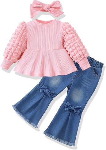 Renotemy Toddler Baby Girl Clothes Fall Winter Outfit Puff Bubble Sleeve Sweatshirt Denim Bell Bottom Jeans Matching Outfits in Kuwait