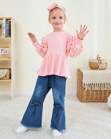 Renotemy Toddler Baby Girl Clothes Fall Winter Outfit Puff Bubble Sleeve Sweatshirt Denim Bell Bottom Jeans Matching Outfits in Kuwait