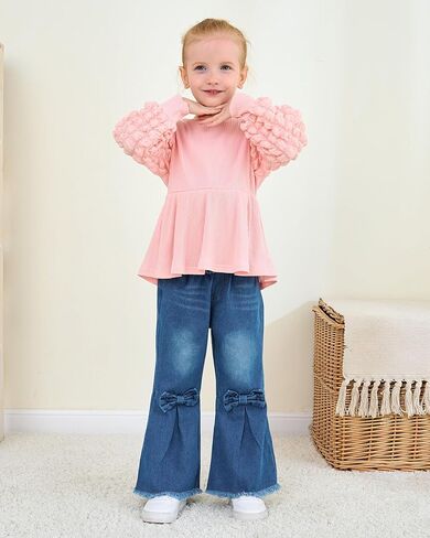 Renotemy Toddler Baby Girl Clothes Fall Winter Outfit Puff Bubble Sleeve Sweatshirt Denim Bell Bottom Jeans Matching Outfits in Kuwait