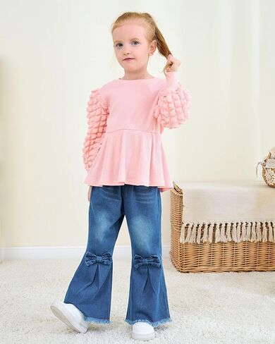 Renotemy Toddler Baby Girl Clothes Fall Winter Outfit Puff Bubble Sleeve Sweatshirt Denim Bell Bottom Jeans Matching Outfits in Kuwait
