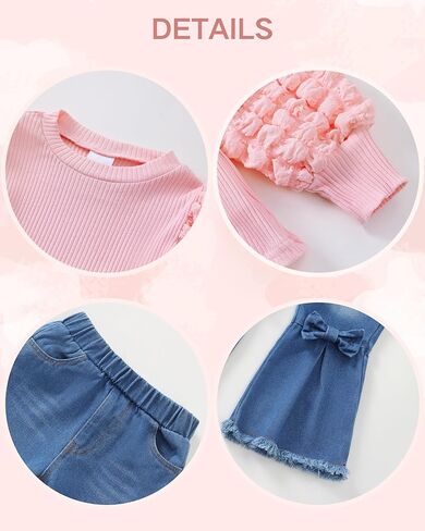 Renotemy Toddler Baby Girl Clothes Fall Winter Outfit Puff Bubble Sleeve Sweatshirt Denim Bell Bottom Jeans Matching Outfits in Kuwait