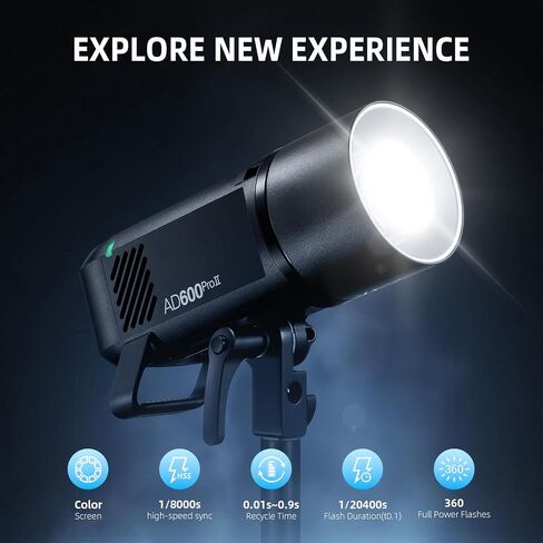 Godox Ad600 Pro II Ad600Pro II Flash Strobe Outdoor Flash ، 600W 2.4G TTL Monolight ، 1/8000 مزامنة عالية السرعة ، 0.01-0.9S إعادة تدوير ، مصباح نمذجة LED 40W مع بطارية قابلة لإعادة الشحن وجبل Bowens in Saudi Arabia