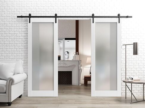 باب حظيرة قوي مع الزجاج الصقيع | Planum 2102 White Silk | شماعات السكك الحديدية السوداء 13 قدم | الأبواب الداخلية للوحة الصلبة-64 "× 96" (2 * 32x96)-الزجاج المتجول للسكك الحديدية in Kuwait