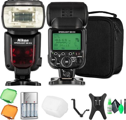 Nikon SB-910 Speedlight Flash | فلاش عالي الطاقة على الكاميرا DSLRS (4809) + AA بطاريات قابلة لإعادة الشحن + فلاش براكيت + طقم التنظيف in Saudi Arabia