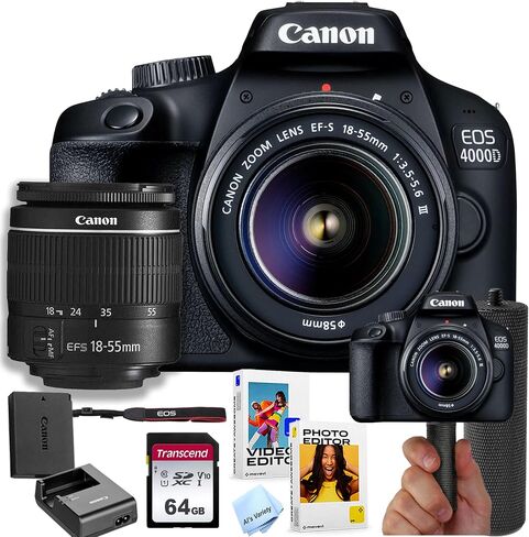 Canon EOS 4000D / Rebel T100 DSLR Camera w/EF-S 18-55mm F/3.5-5.6 Zoom Lens + 64GB Memory + Stabilizing Grip + Software Pack +More (Value Bundle) (Renewed) in Saudi Arabia