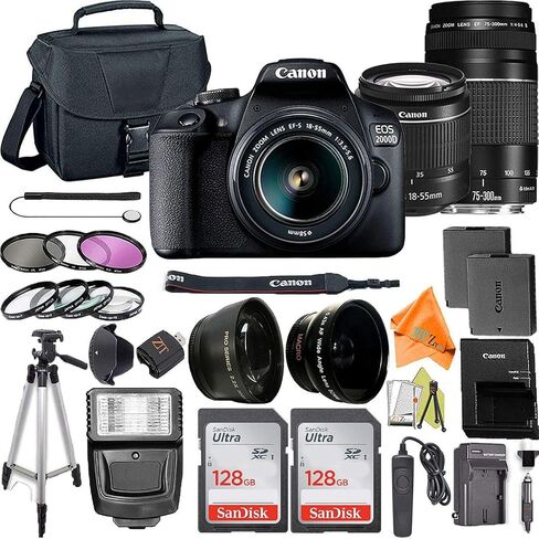 Canon EOS 2000d / Rebel T7 Digital SLR Camera 24.1mp مع عدسة 18-55 مم + 75-300 مم ، حزمة ملحقات Zeetech ، بطاقة ذاكرة Sandisk 128GB ، Telephoto + Wideangle ، فلاش ، حالة (متجددة) in Saudi Arabia