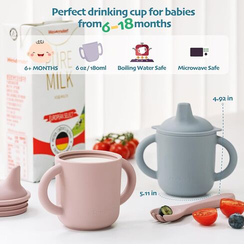 Leeleelon® Silicone Sippy Cup for Baby, 100% Leak-Proof Sippy Cups for Toddler with Handles, Soft Spout Sippy Cup for Infants, 6+ Months, 6oz/180ml, Platinum Silicone (Pink) in Saudi Arabia