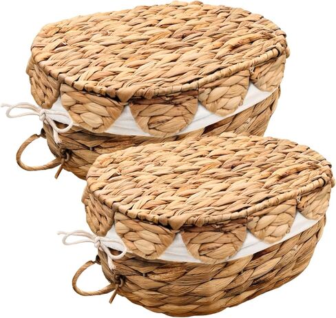 Set of 2 Round Wicker Baskets with Scalloped Lids, Handles, Removable Liners - Decorative Handwoven Water Hyacinth Baskets for Organization of Home, Kitchen, Closet, Pantry, Bathroom in Saudi Arabia