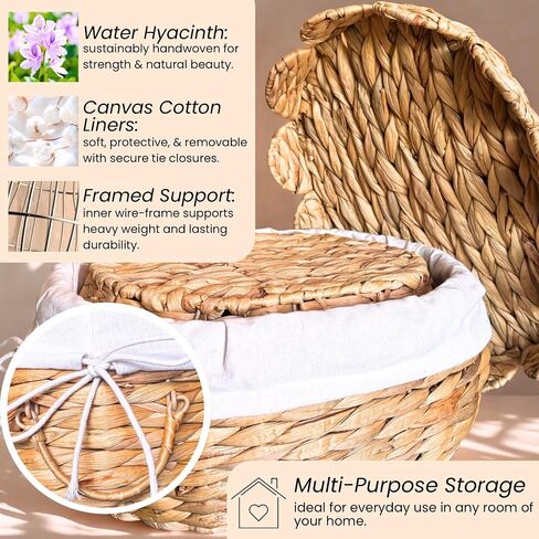 Set of 2 Round Wicker Baskets with Scalloped Lids, Handles, Removable Liners - Decorative Handwoven Water Hyacinth Baskets for Organization of Home, Kitchen, Closet, Pantry, Bathroom in Saudi Arabia