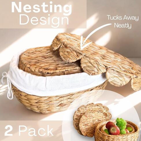 Set of 2 Round Wicker Baskets with Scalloped Lids, Handles, Removable Liners - Decorative Handwoven Water Hyacinth Baskets for Organization of Home, Kitchen, Closet, Pantry, Bathroom in Saudi Arabia