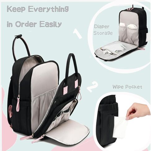 LORADI Medium Diaper Bag Backpack with Storller Clips, Water-Resistant Cute Diaper Tote with Anti-Theft Pocket, Black in Saudi Arabia