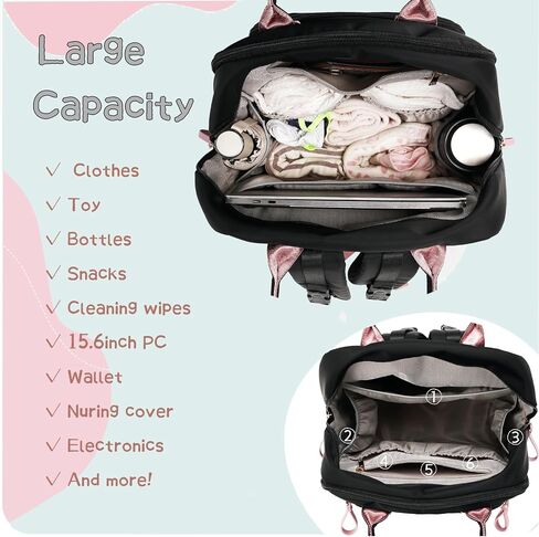 LORADI Medium Diaper Bag Backpack with Storller Clips, Water-Resistant Cute Diaper Tote with Anti-Theft Pocket, Black in Saudi Arabia