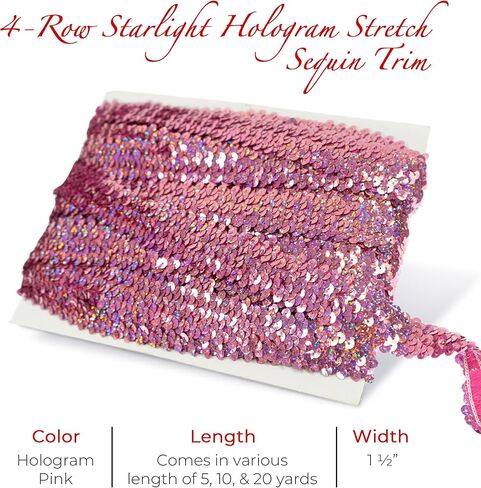 Trims by the Yard 4-Row Starlight Hologram Sequin Stretch Trim، 1 1/2 بوصة ترتر متعدد الاستخدامات للحرف اليدوية، زخرفة ترتر متينة للأزياء والأزياء وديكور المنزل، وردي in Saudi Arabia