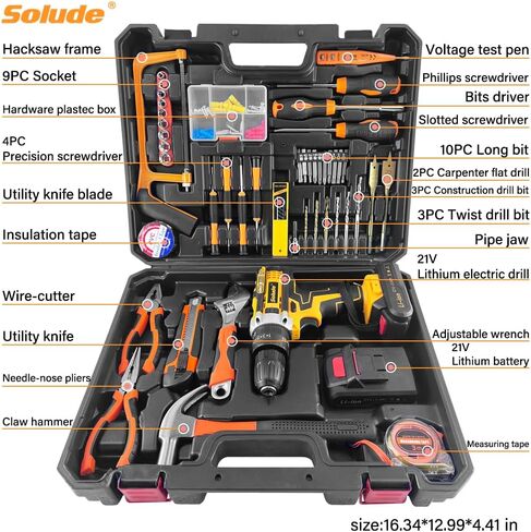 مجموعة أداة Solude مع الحفر ، مربع أدوات الحفر اللاسلكي 21 فولت مع بطارية ، سائق حفر كهربائي مع أدوات يدوية أساسية لإصلاح المنزل ومشاريع DIY in Kuwait