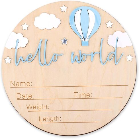 BOXOB Baby Announcement Sign, Wooden Hello World Newborn Sign Baby Birth Announcement Board Newborn Welcome Decoration for Boy Girl Hospital Nursery Decor in Saudi Arabia