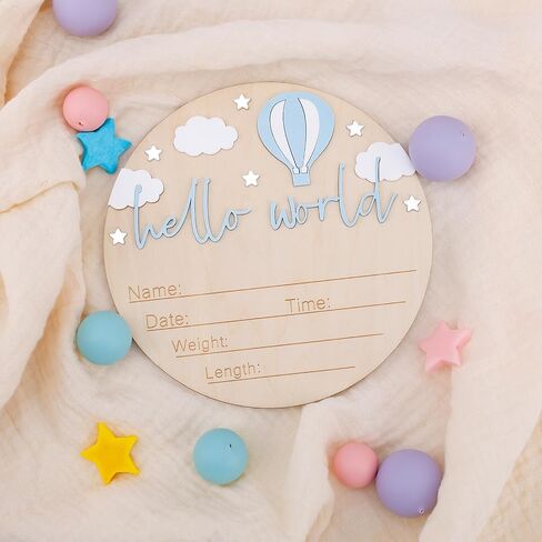 BOXOB Baby Announcement Sign, Wooden Hello World Newborn Sign Baby Birth Announcement Board Newborn Welcome Decoration for Boy Girl Hospital Nursery Decor in Saudi Arabia