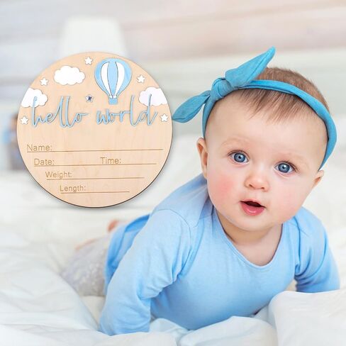 BOXOB Baby Announcement Sign, Wooden Hello World Newborn Sign Baby Birth Announcement Board Newborn Welcome Decoration for Boy Girl Hospital Nursery Decor in Saudi Arabia