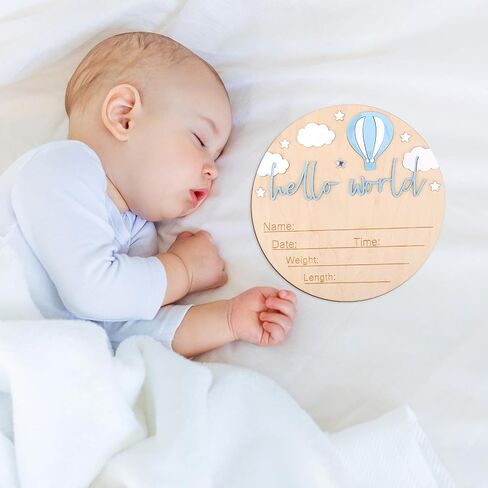 BOXOB Baby Announcement Sign, Wooden Hello World Newborn Sign Baby Birth Announcement Board Newborn Welcome Decoration for Boy Girl Hospital Nursery Decor in Saudi Arabia