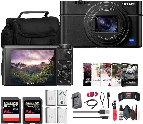 Sony Cyber-Shot DSC-RX100 VII الكاميرا الرقمية (DSC-RX100M7) + 2 × 64 جيجابايت بطاقة ذاكرة + 3 X NP-BX1 Battery + Card Reader + LED Light + Photo Software + More in Kuwait
