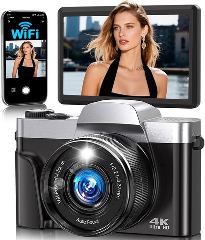 4K Digital Camera for Photography with WiFi,64MP Autofocus Vlogging Camera for YouTube,3'' 180° Flip Screen Compact Travel Camera for Teens with 32GB SD Card,16X Zoom,Anti-Shake,2 Batteries(Black) in Kuwait