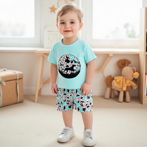 MERSARIPHY Toddler Boy Summer Clothes Duck Dinosaur Animal Embroidery Short Sleeve T Shirt Plaid Shorts Set Casual Outfits in Saudi Arabia