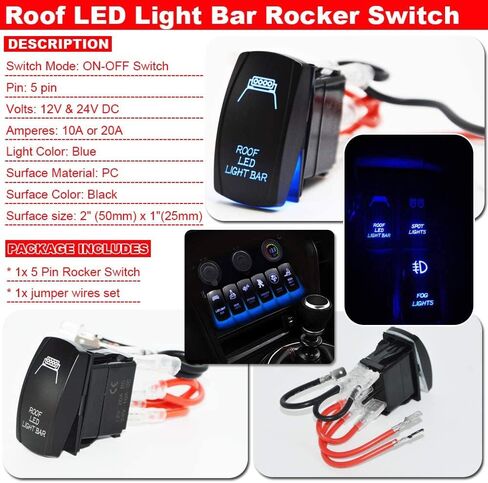 XJMOTO LED Light Bar Rocker Switch 5 Pin 20A 12V Blue Backlit Compatible with UTV Polaris Ranger RZR XP Turbo Can Am Commander Maverick X3 in Kuwait