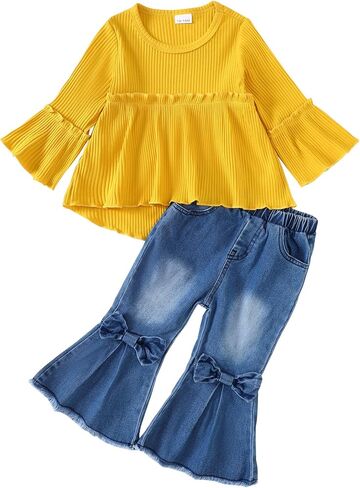 Willow Dance Toddler Baby Girls Outfits Long Sleeve Ruffled Shirt Top Flare Denim Jeans Cute 2Pcs Fall Winter Clothes in Saudi Arabia
